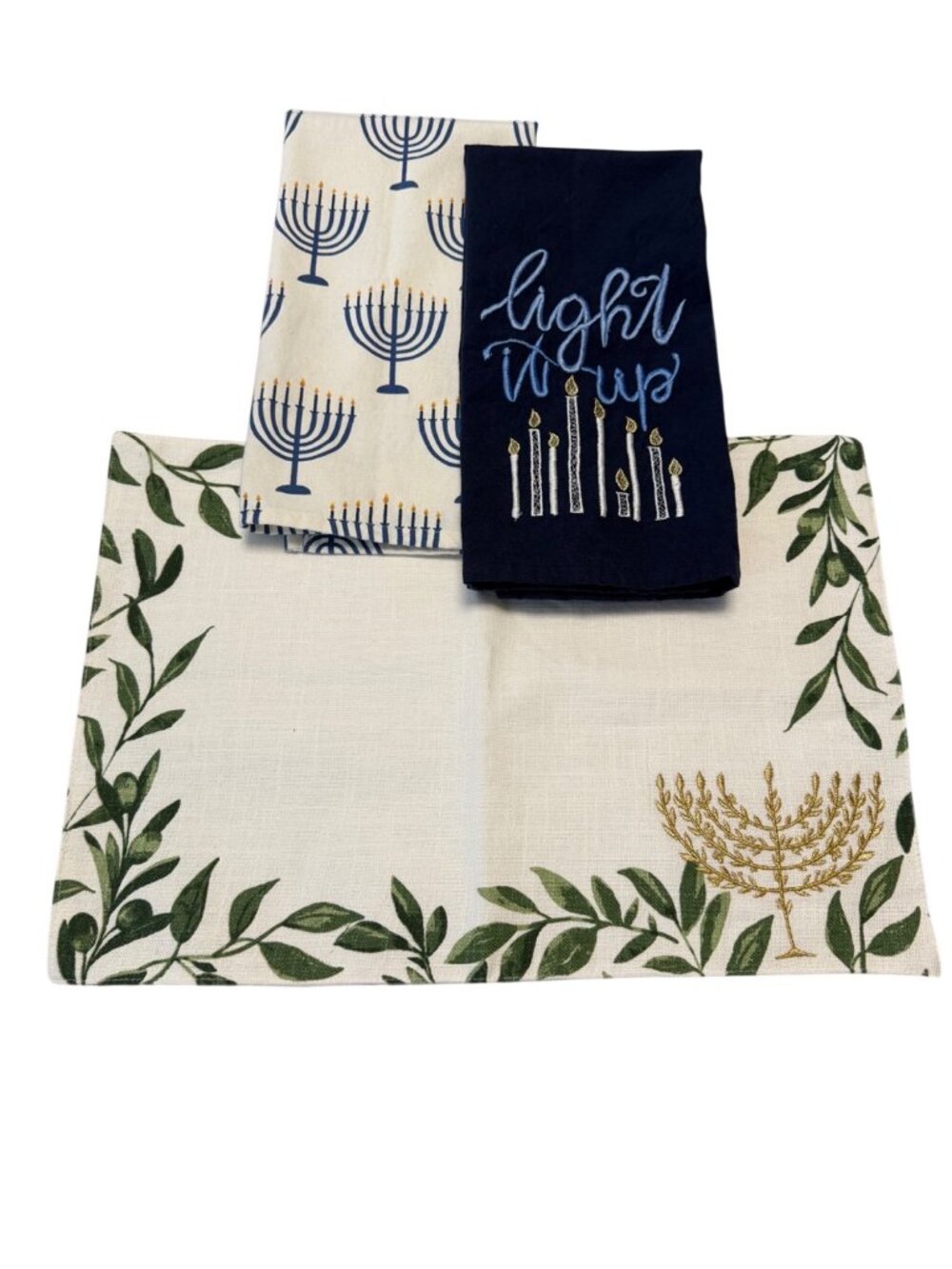 Hanukkah Kitchen Towel Set Light It Up Menorah Placemat Festive Lights Cotton Ju